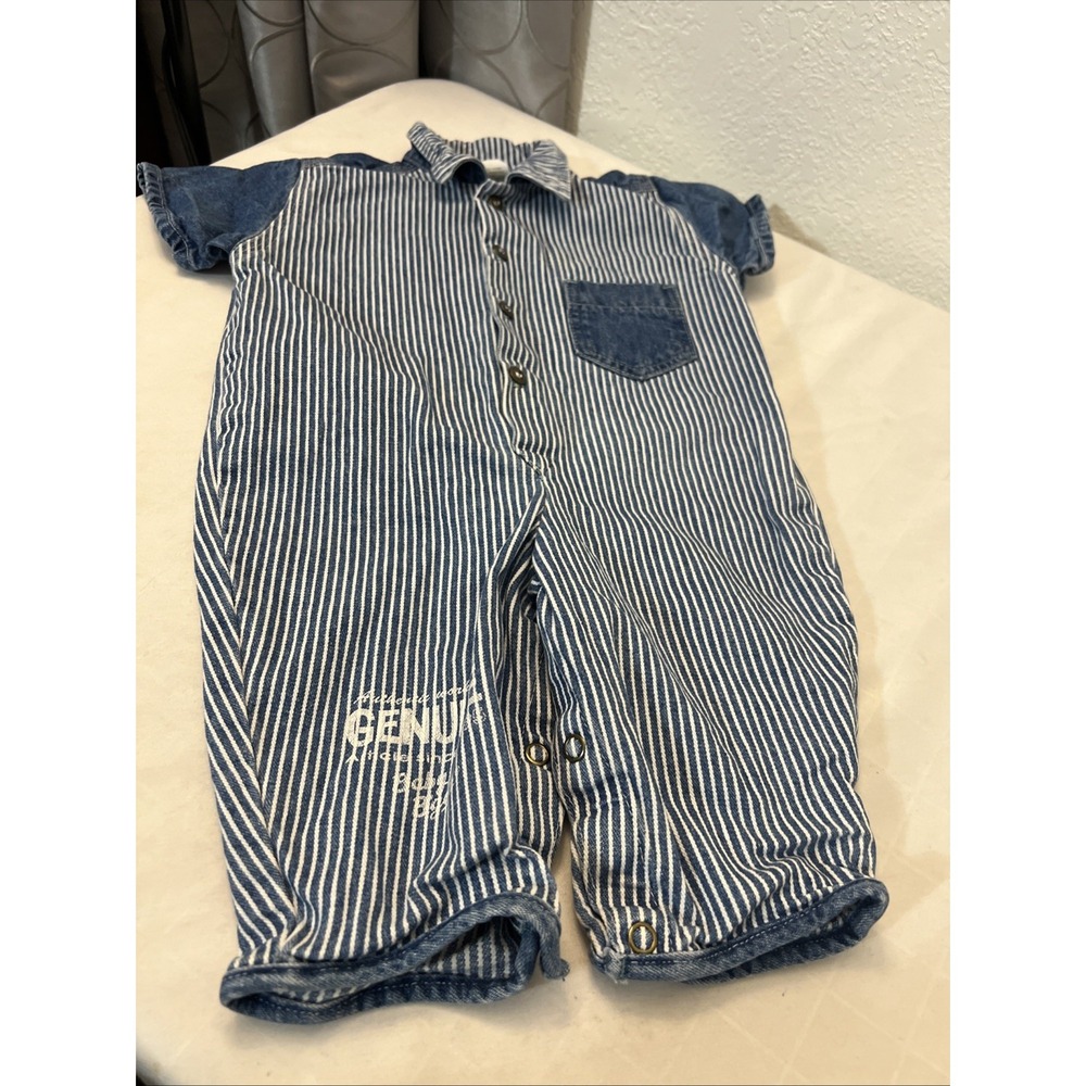 Vintage Oshkosh Bubble Railroad Striped Romper Cotton 6 9 Months EUC Denim
